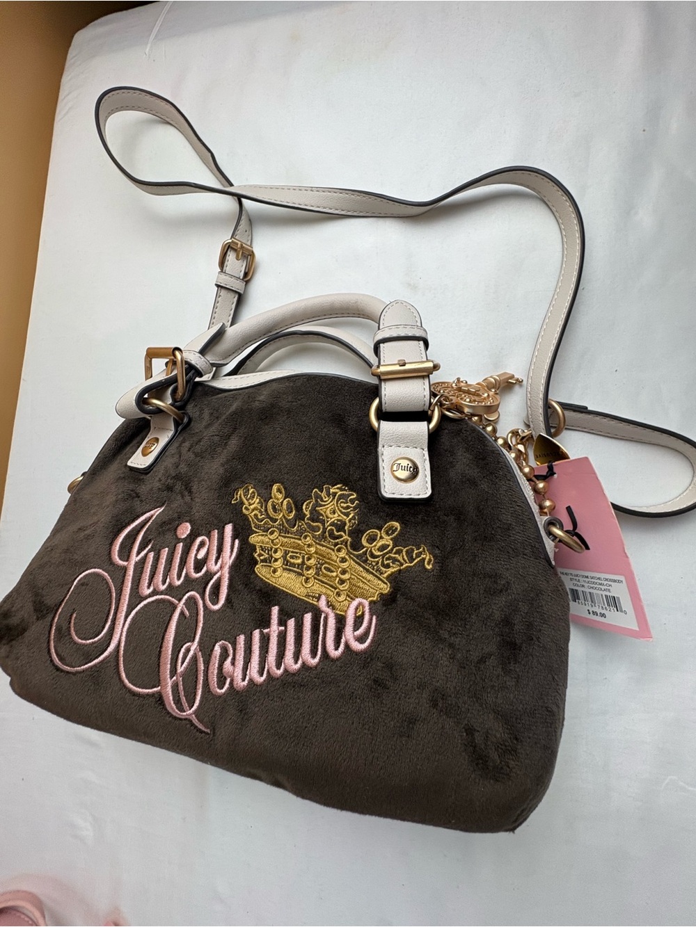Juicy Couture Brown Plush Shoulder Bag with Cream Straps and Pink Logo